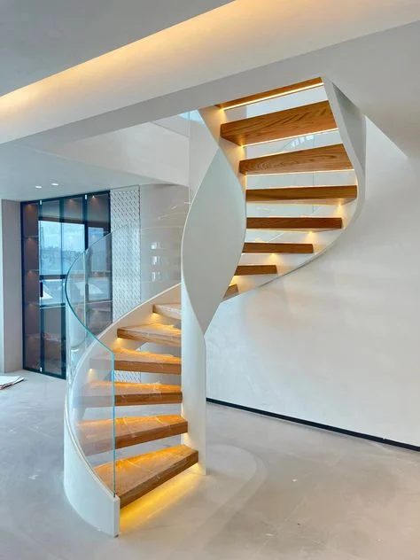 Gorgeous Design Custom Oak Tread Stairs Glass Railing Curved Staircase with Led Light from Foshan Factory factory