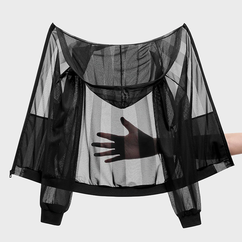Stylish unisex sun-protective mesh jacket, 100% polyester, lightweight, solid color, UPF 50+, breathable hollow mesh hooded jacket.