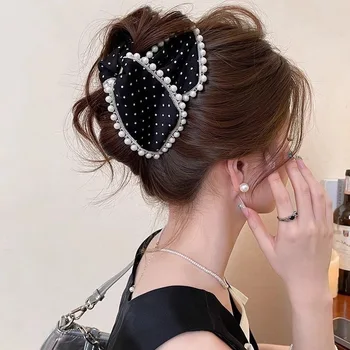 Korean Style Sweet Hair Clip Polka Dot Bow Pearl Ponytail Exquisite Curly Hair Exhaling High-End Temperament Cute Plastic PC