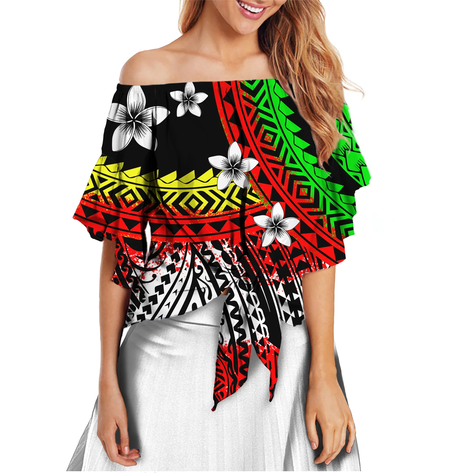 橙色波利尼西亚部落风格的雪纺性感脱肩上衣舒适透气女士时尚服装女士