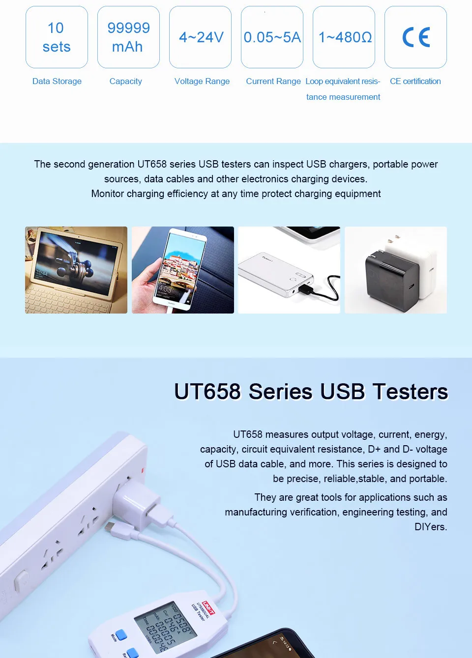 UNI-T UT658 Dual USB Tester Charger for Mobile Phones Type A/C Interface 6-24V DC Voltage Range Fast Charge Phone Fixing TOOLS