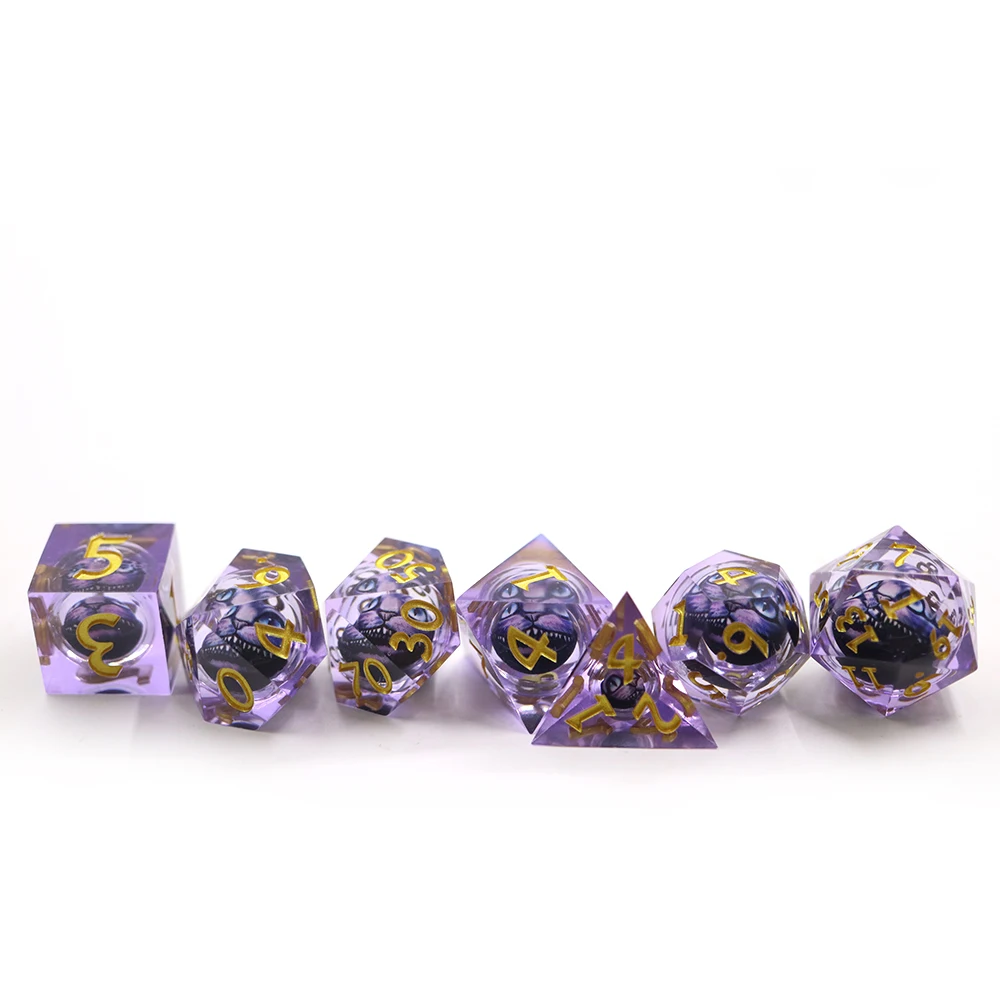 Wholesale Bulk 7Pcs Polyhedral Purple Cat Face Dice Set Transparent Resin with Gold Number D4-D20 Sharp Edge