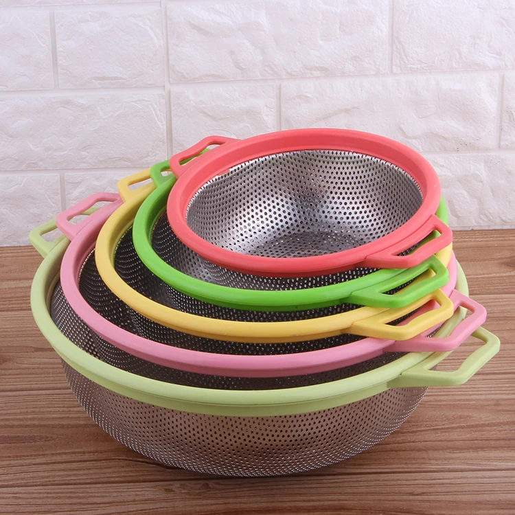 Factory Prices Colorful Stainless Steel Washing Rice Sieve Colanders  Kitchen Colander Strainer With PP Handle_19