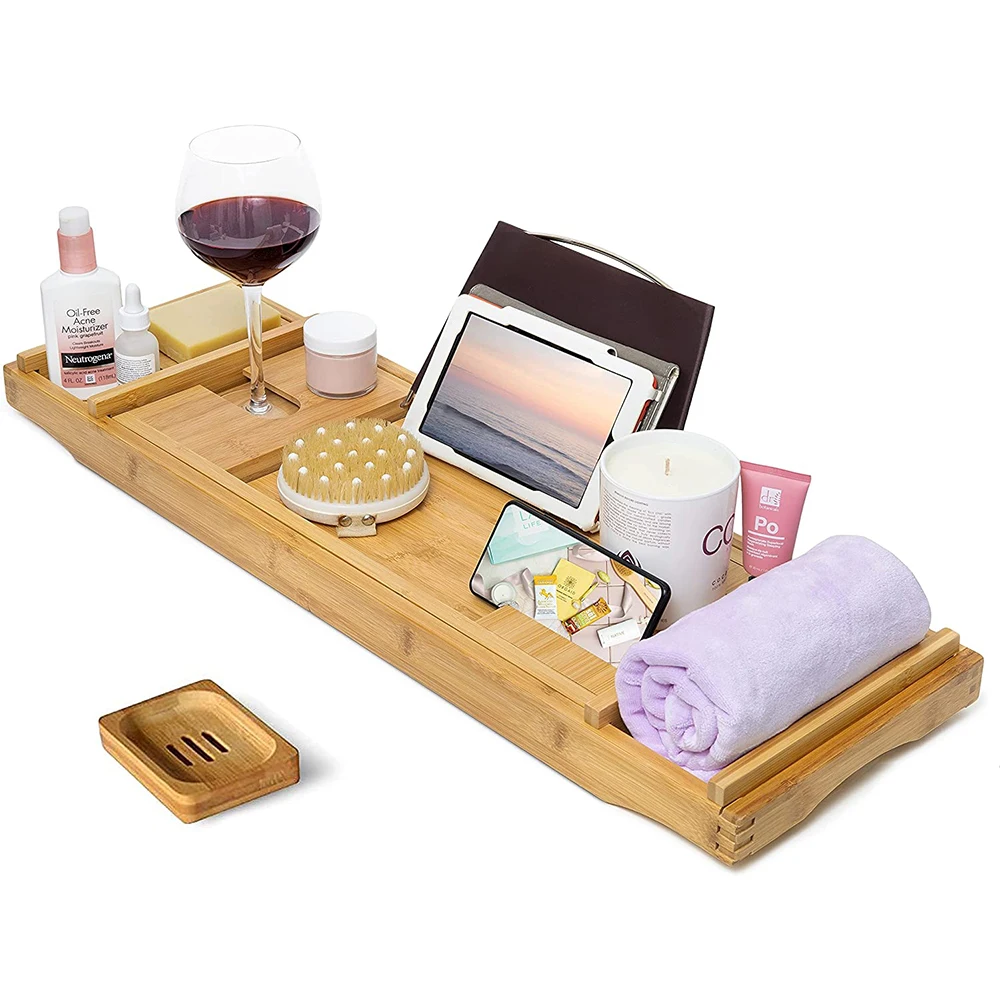 Folding Bamboo Bathtub Caddy Tub Tray with Extendable Sides and Bonus Soap Dish