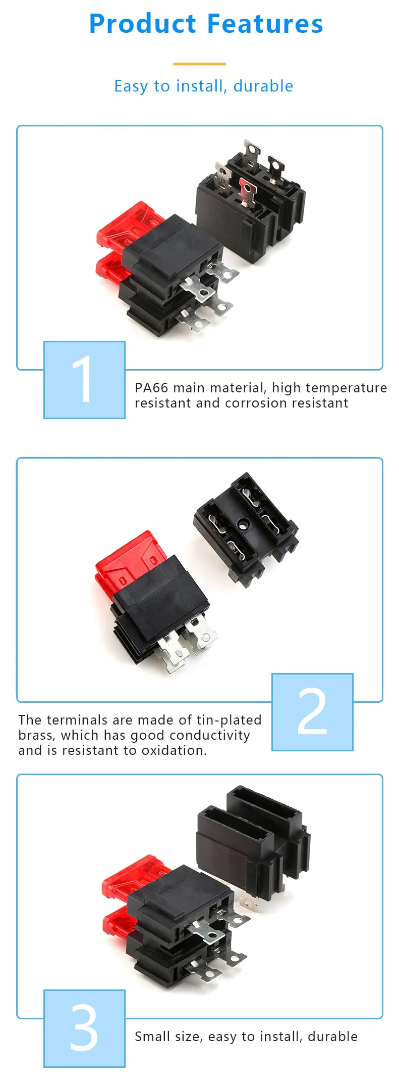 SL-703E2A 2 Poles Panel Mount Blade Fuse Holder with PA66 Material and Brass Terminal for Automotive Applications