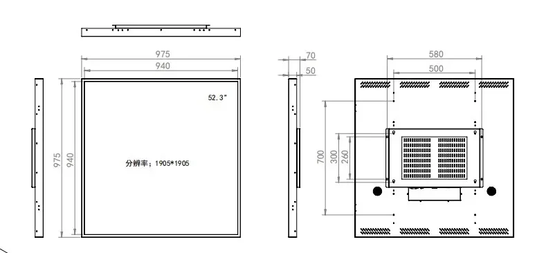 52.3-Inch square lcd display 1905*1905 Resolution  975(W)*975(H) Outline Size Square LCD digital signage and display details