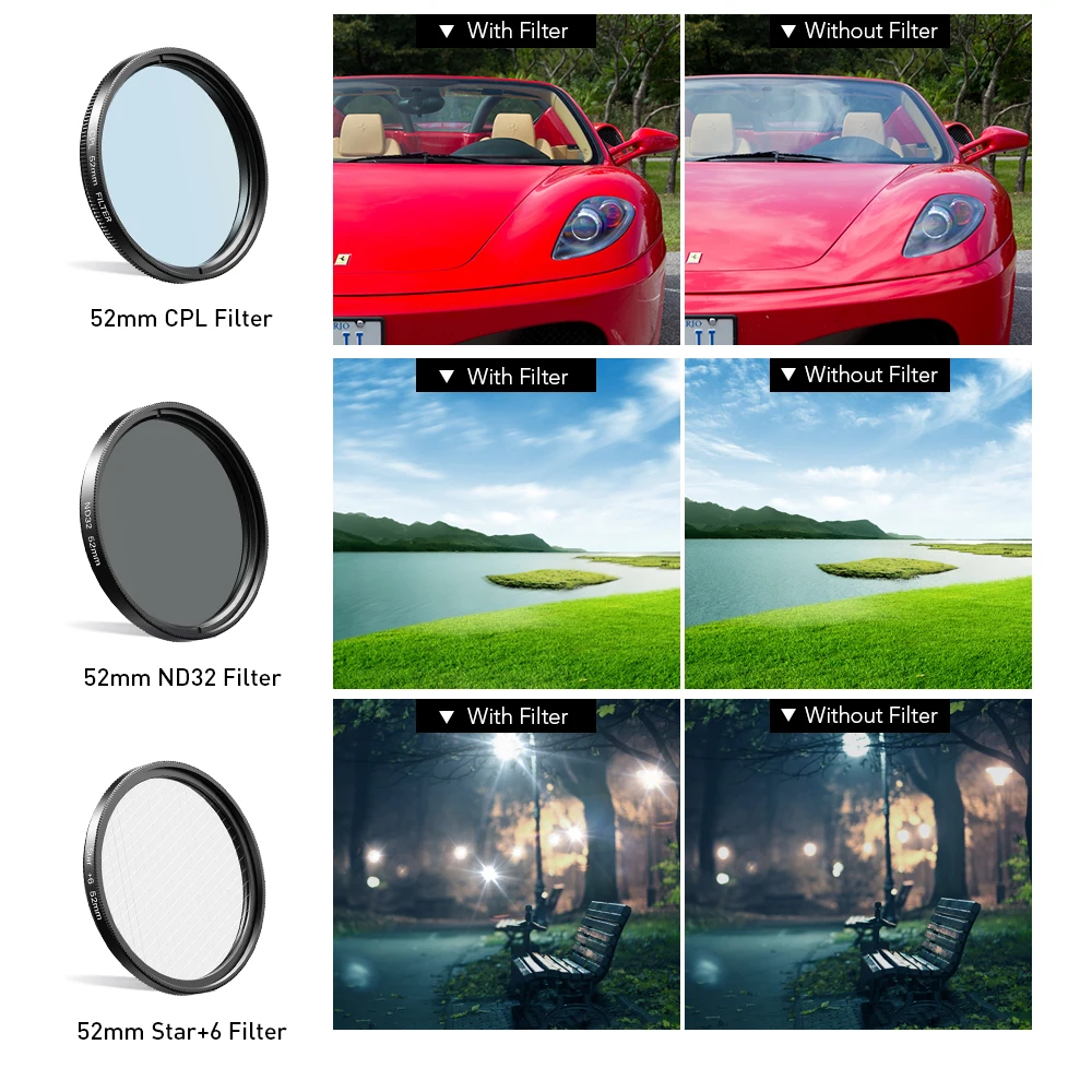 Universal Clip Round Photography CPL ND32 Star Graduated Filter APEXEL 52MM Complete Lens Filter Accessory Kit for Lenses