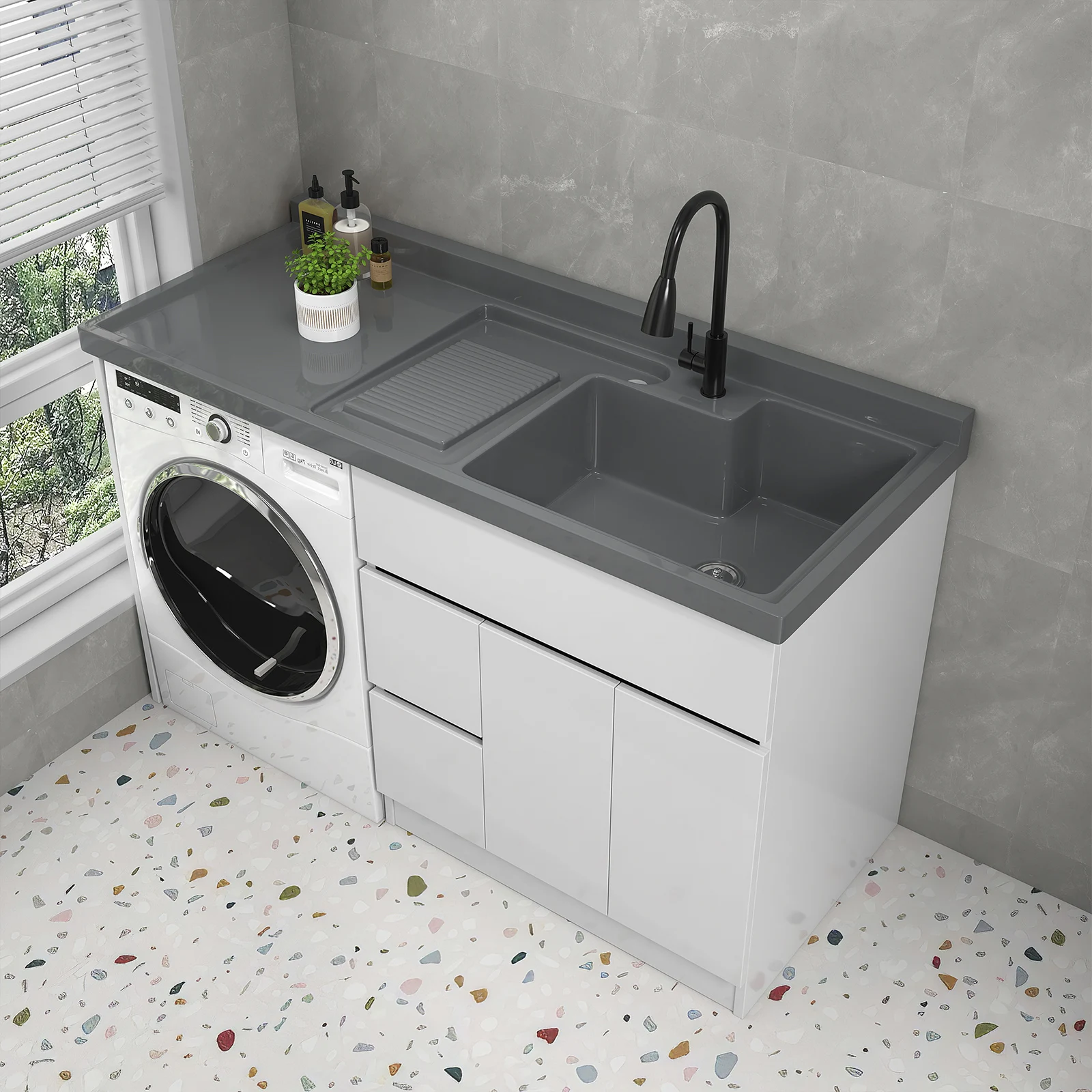 Solid Wood Washing Cabinet Basin and Cylinder Washing Machine Cabinet Are Integrated