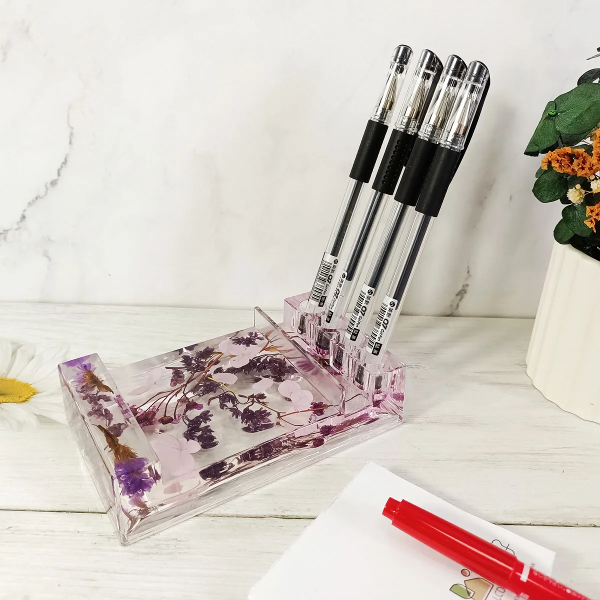 Маркетинг акриловые Memo ручка держатель телефона Фиолетовый Природа засушенные цветы коллекция офиса школы дома Настольный Органайзер