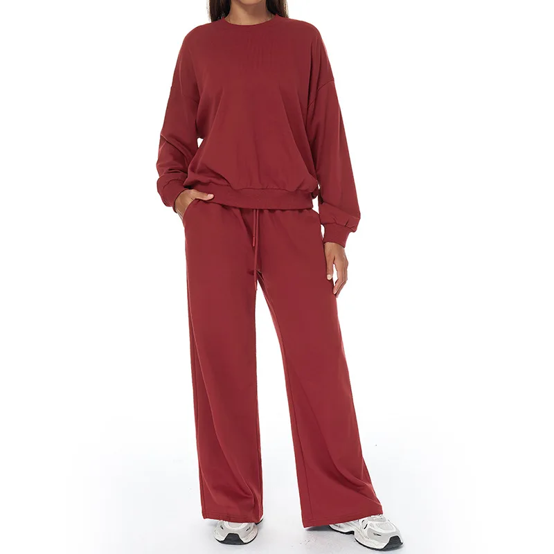 Autumn Winter Leisure Sports Sweat Suit High Waist Wide Legs Long Sleeve Breathable 2-in detail