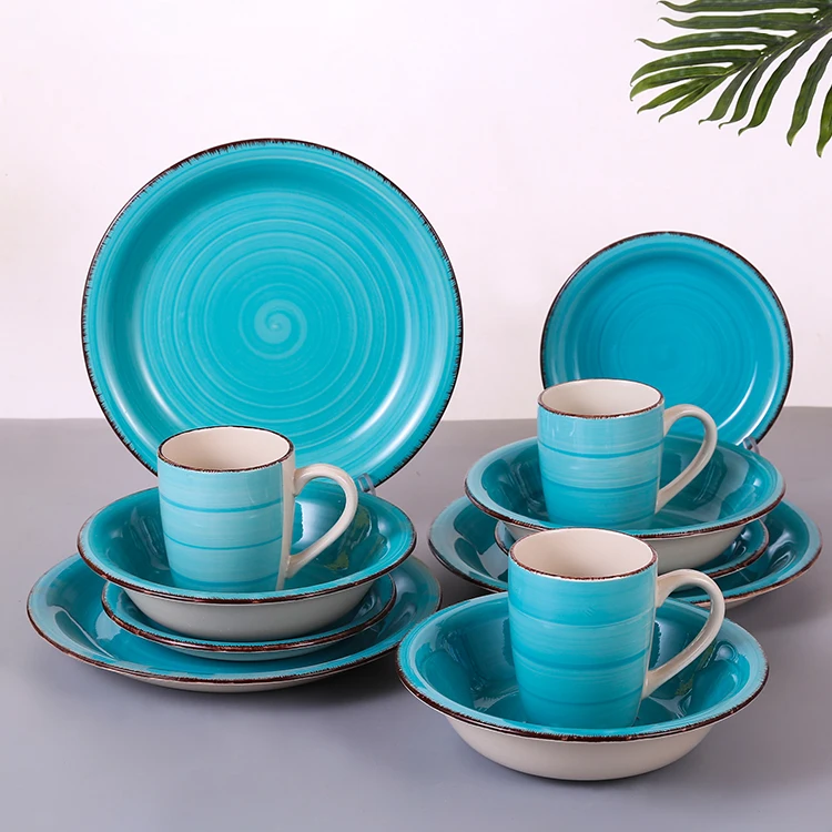 24 Piece Sample Available Pakistan Nordic Style Eyelash Edges Handmade Fine China Blue 12 16 Pcs Hand Painted Party Plates Set Stoneware Dinnerware