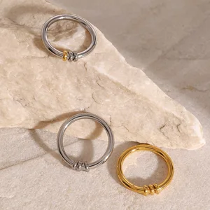 MW Women's Minimalist 18K Gold-Plated Stainless Steel Two-Tone Plain Band Ring - Waterproof Daily Wear Geometric Design Jewelry