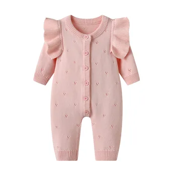 Autumn and Winter New Baby Girls Romper Ins Pink Flutter Sleeve with Button Closure Knitted Hollow Sweater Crawling Suit