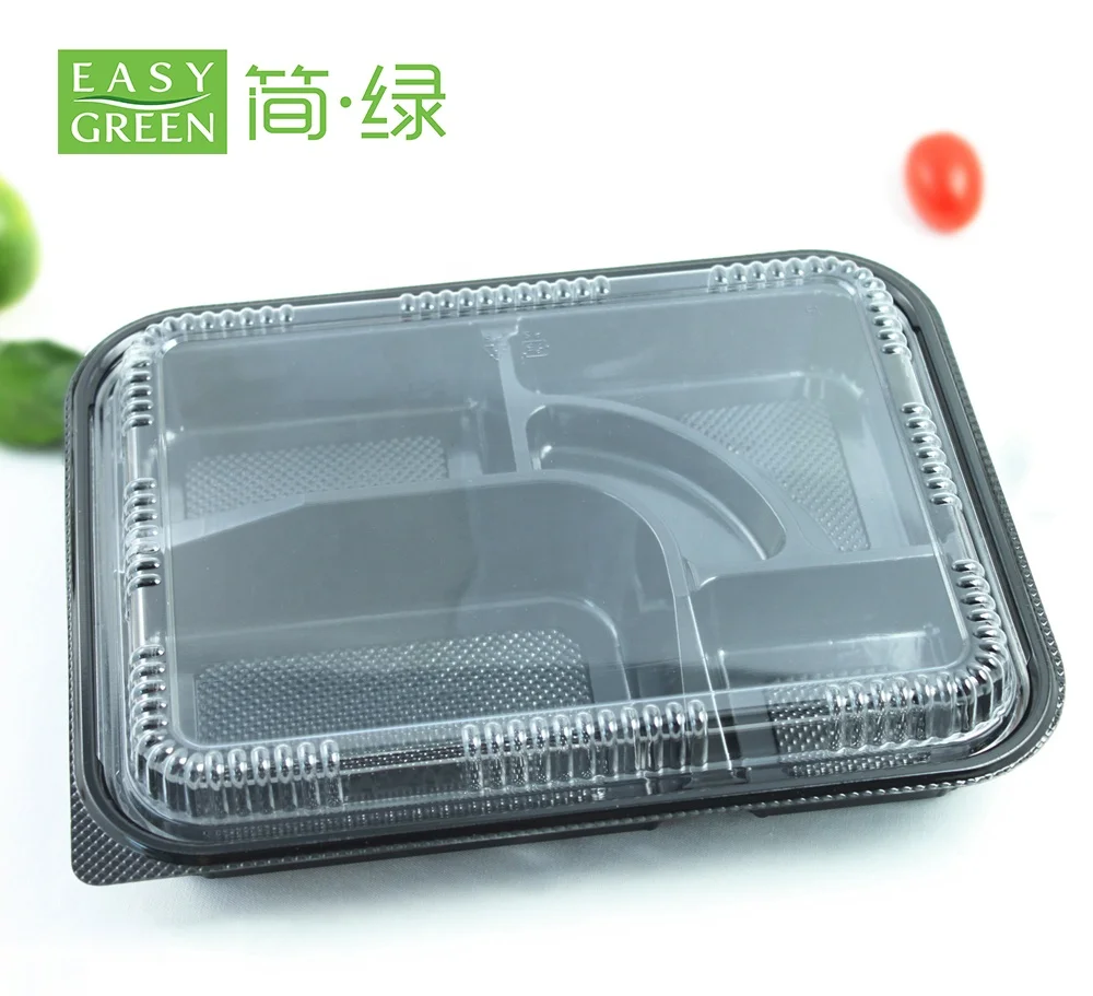 Plastic Disposable Lunch Box with 5 Compartment Black Color Takeaway Bento Box with clear Lid