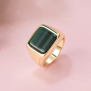 Vintage 18K Gold Plated Brass Square Signet Ring Waterproof Green Emerald Gemstone for Men and Women Stainless Steels Jewelry