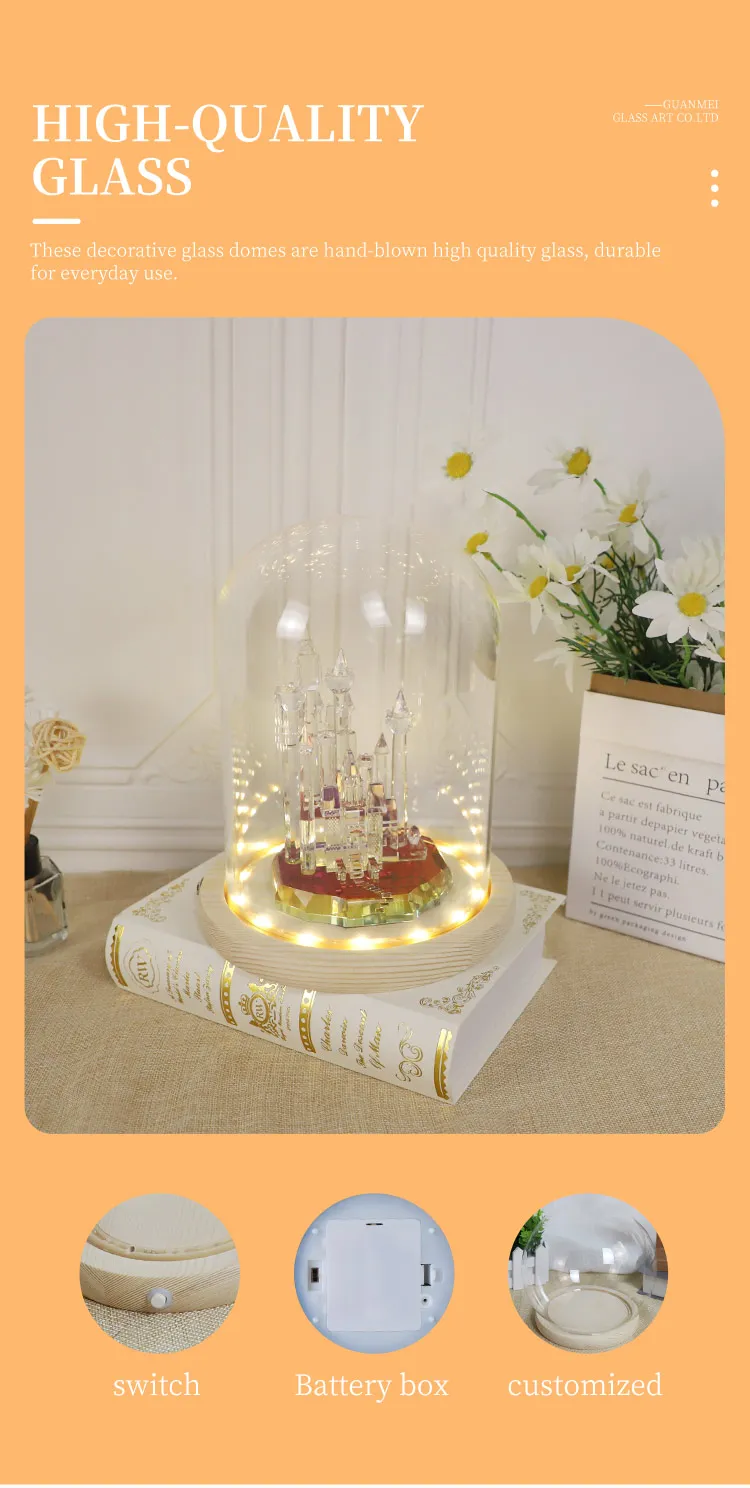 Blown clear glass domes with wooden base for wedding glass cloche LED lamp lighting base decorative gift for Christmas holiday details