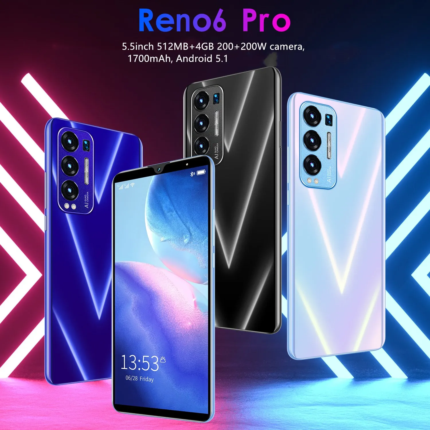 Wholesale Reno6 Pro 5.5inch mobile phone 512MB+4GB  smartphone Face unlock Gaming cellphone