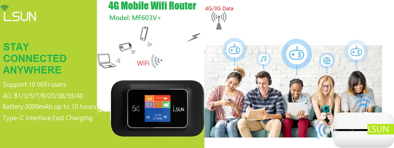 Telenet LSUN MF603V+ 300M CAT4 WIFI Wireless Router 4G LTE Pocket