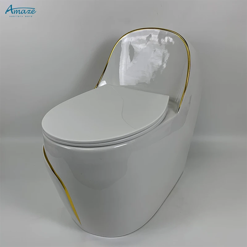 Good quality luxury design floor mounted wc white gold line egg shape water closet bathroom ceramic one piece toilet bowl factory