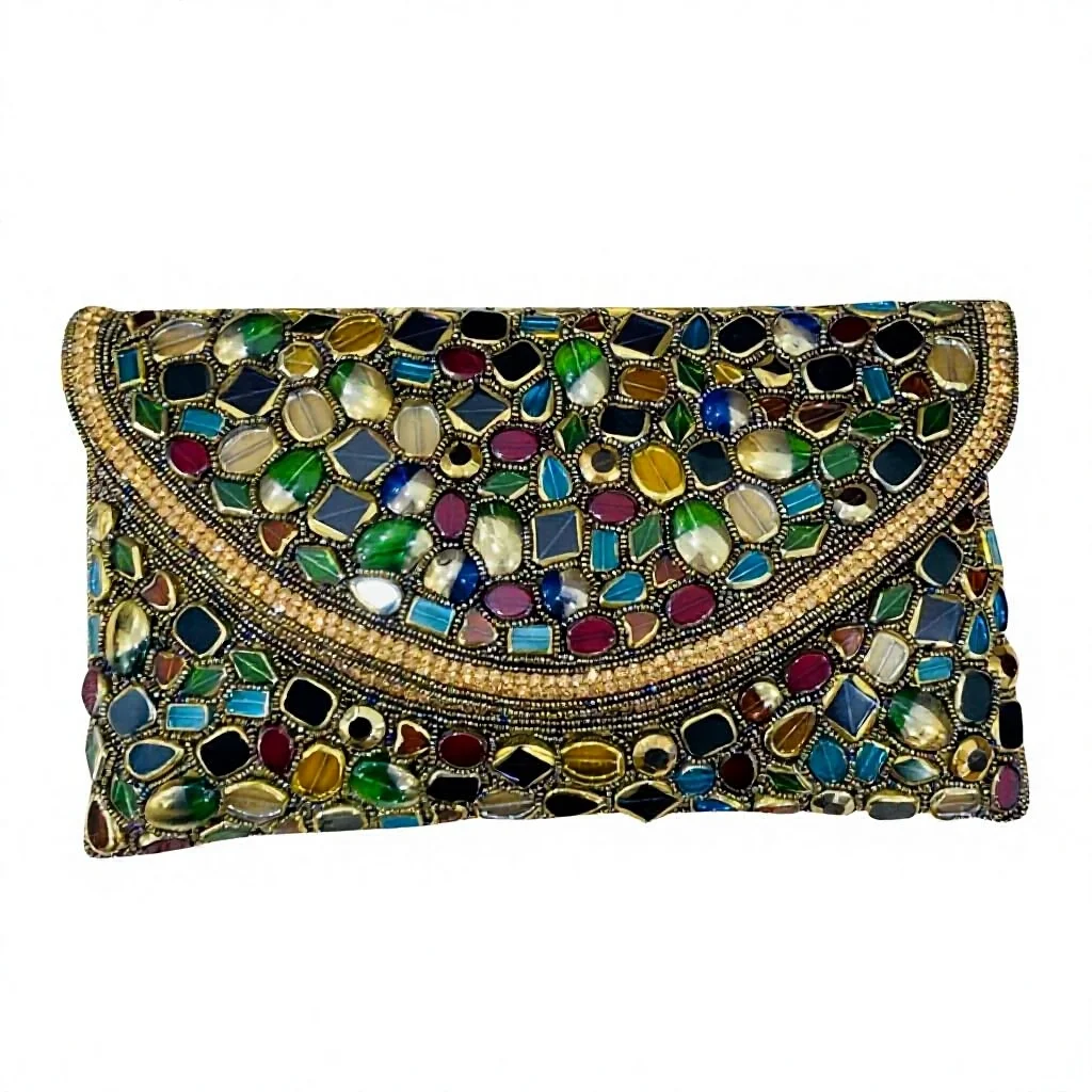 Craftstages International Handcrafted Designer Artisan Crystal Stone Beaded Embroidery Bridal Clutch Bag Multi Color Evening