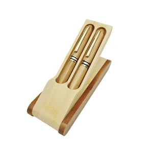 Hot Selling Luxury 2 Bamboo Pens Gift Set with Custom Logo Office Supplies Bamboo Fountain & Roller Pen with Folding Bamboo Box