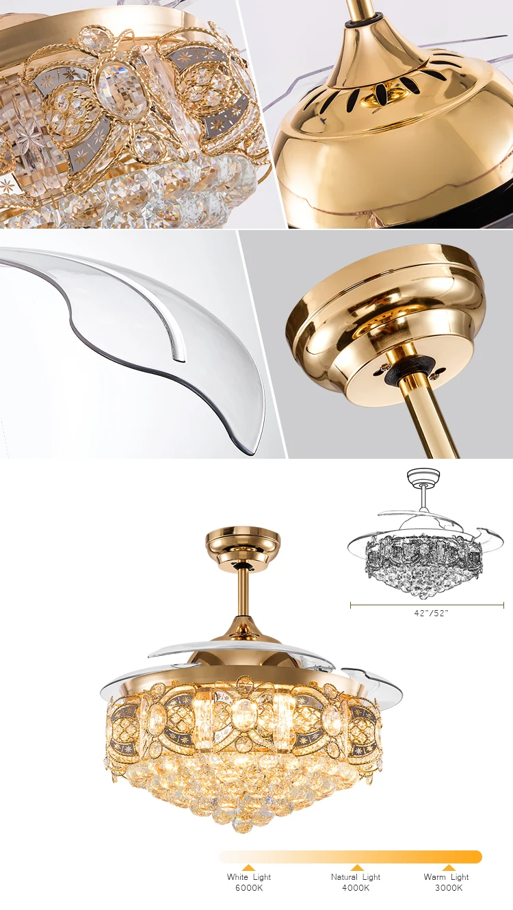 42/52 inches Remote Crystal Invisible Retractable Fan Lamp Fixture Ceiling Fan Chandelier with Light