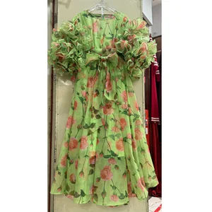 Vintage High-end Spring Summer New Fashion Loose Dress Women Design Mesh 3D Appliques Printed Belt Casual Midi  Party Dress