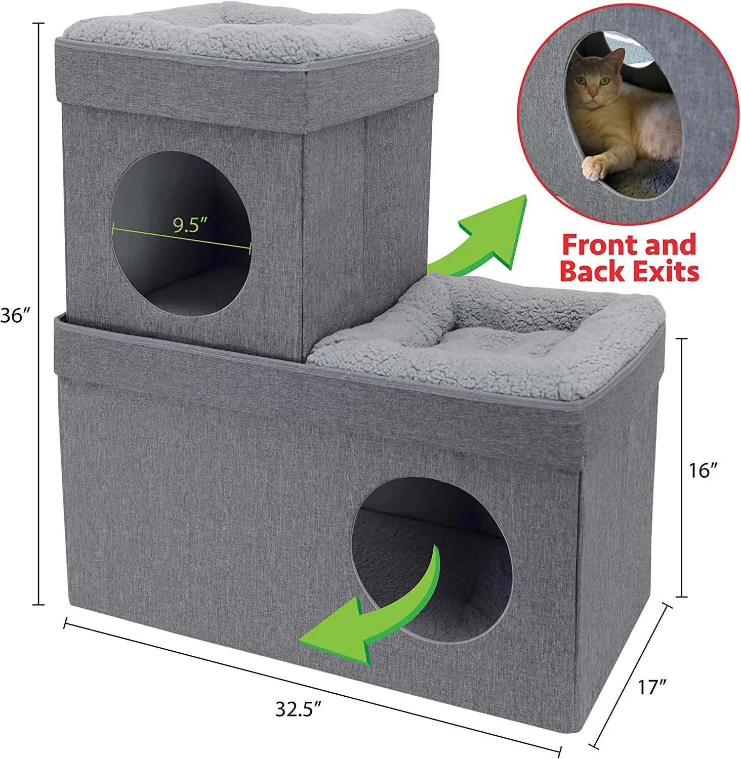Kitty Large Stackable Grey Cat Cube, Cat House, Pop up Bed Ottoman, Mansion