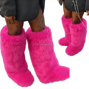 BUSY GIRL HS9283 Plum Faux Fur Boots for Women Custom Winter Boots Fuchsia Knee-High Faux Fox Fur Boots with Slip-Resistant
