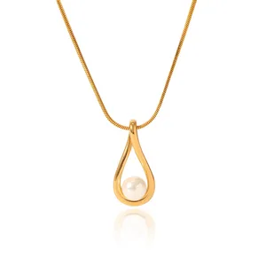 OEM Delicate Snake Chain Necklace for Girls 18K PVD Plated INS Stainless Steel Classic Style Water Drops Teardrop Pearl Pendant