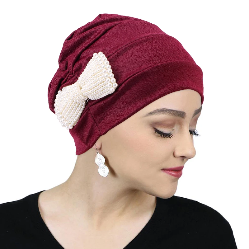 Solid Color Beauty Hot Head Wear Turban with Beaded Accessories
