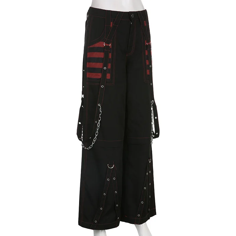 2024 Women Bandage Metal Chain Hip Hop Wide Leg Trousers