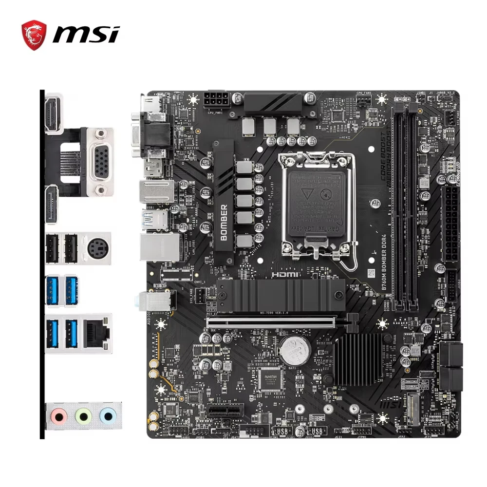 MSI B760M Bomber MicroATX Motherboard, DDR4 compatible with Intel Core i7-13700KF 3.4 GHz 16-core CPU, 125W LGA1700 motherboard.