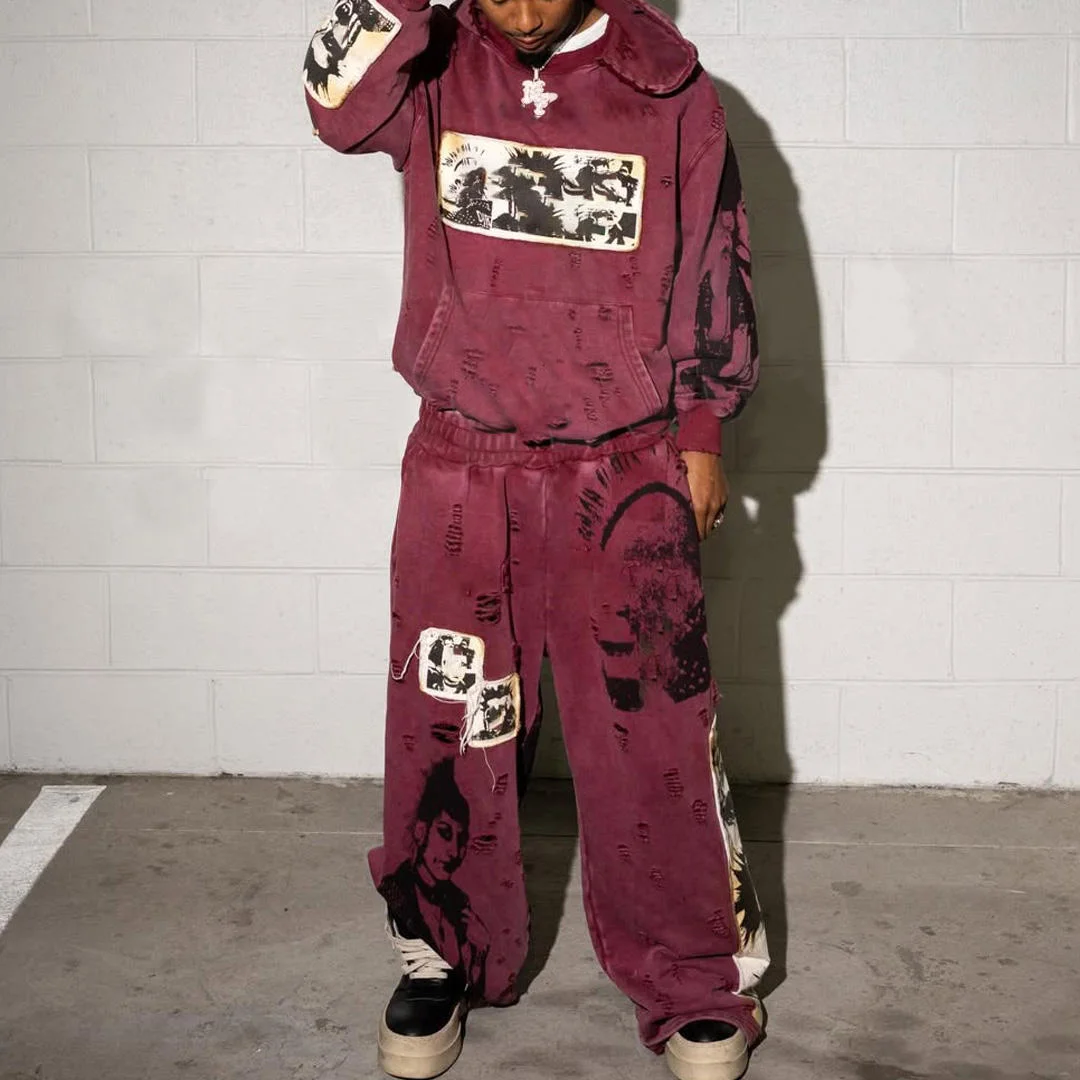 Custom Applique Embroidery Distressed 2 Piece Vintage Acid Wash Track Sweat Suit Men Jogger Sweatpants and Hoodie Set Tracksuit gallery 3