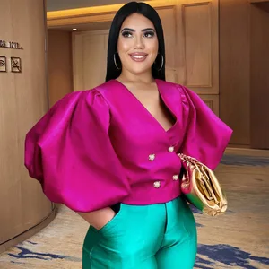 Wholesale V-Neck Puff Sleeve Button Cardigan Slim High Waist Tops Spring and Summer New 2026  Party Plus Size Women's Blouses