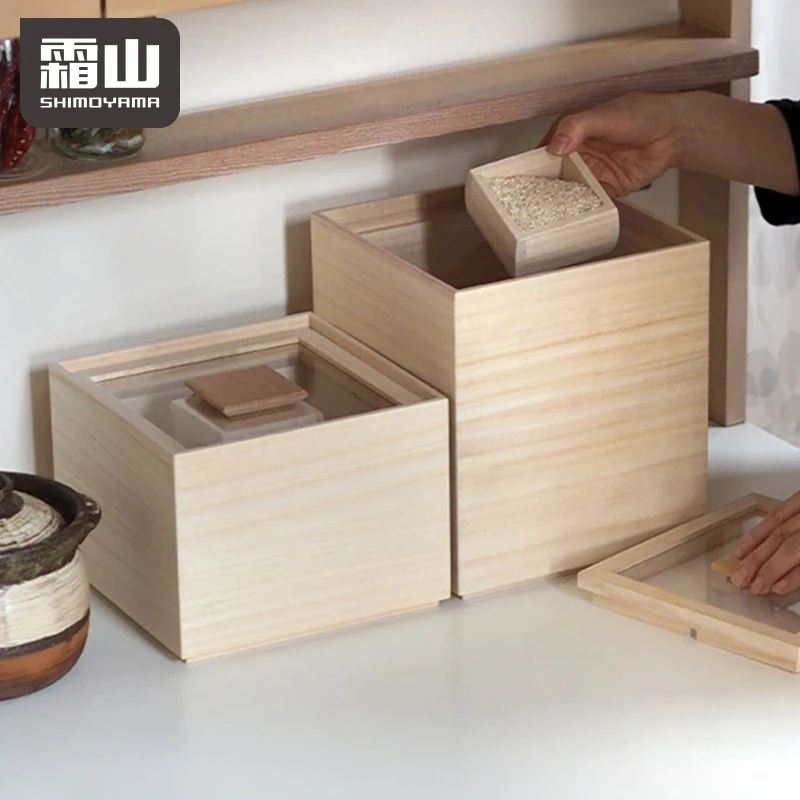 Shimoyama Large Rice Container Storage Bins Wooden Food With Cover Rice