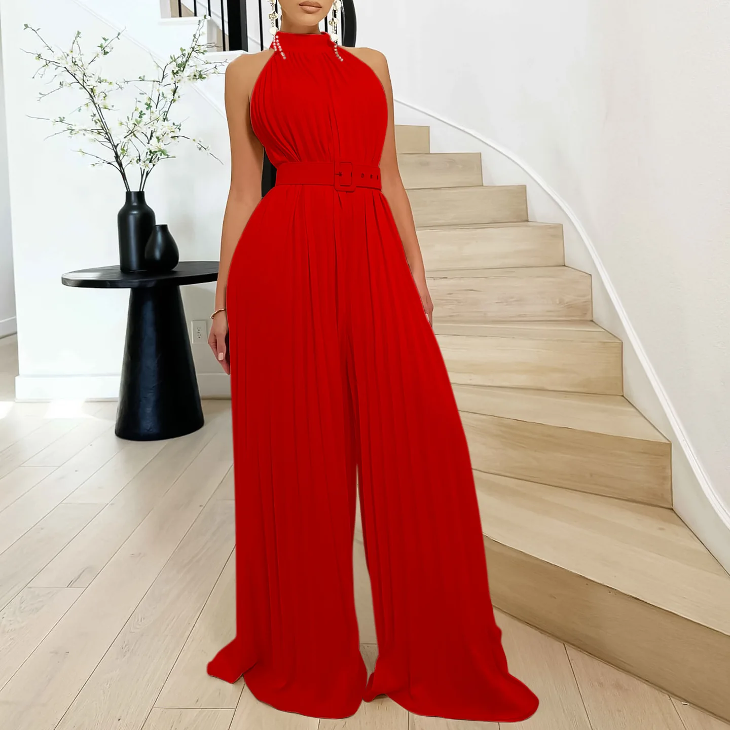 Trendy Solid Color Long Sleeve Jumpsuit With Pleat Design