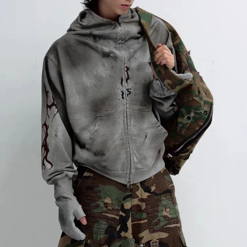 Custom Sun Faded Eye Holes Full Zip up Hoodie Distressed Acid Wash