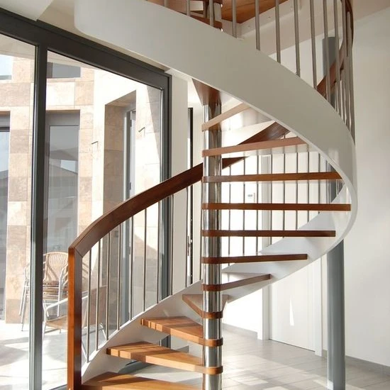 Customized High Quality Wood Steps Stainless Steel Beam Spiral Stairs with Glass Railing from Foshan Factory