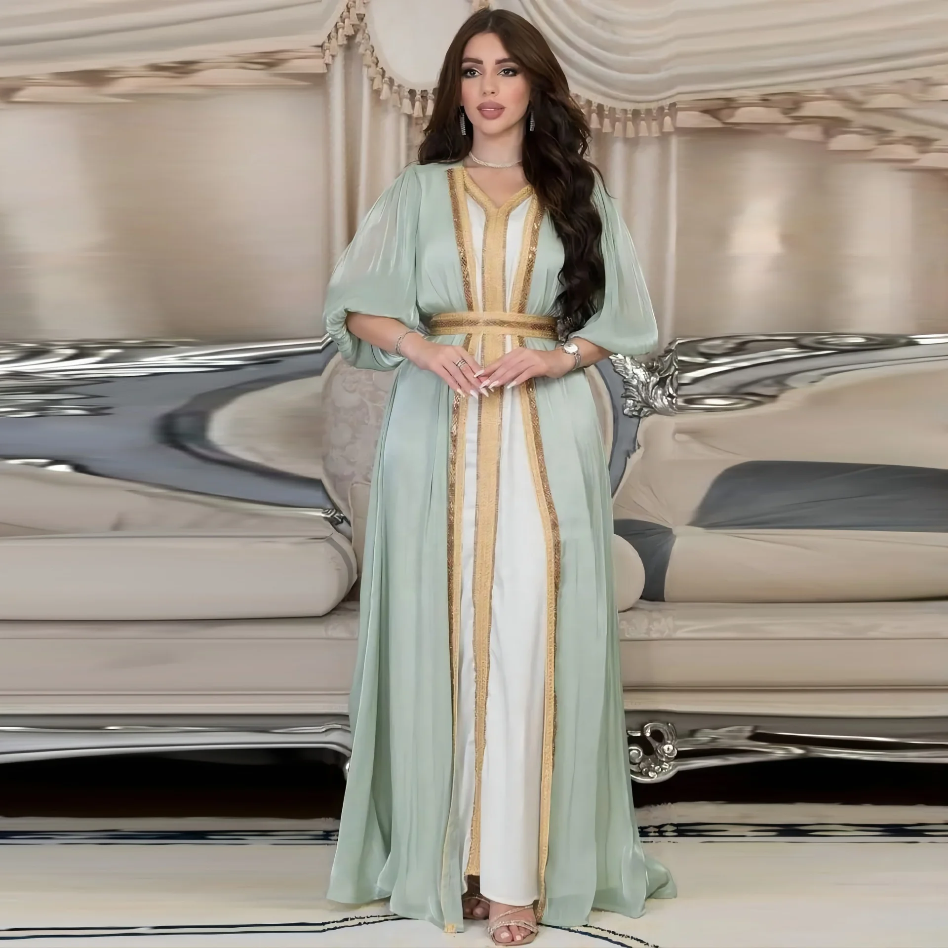 moroccan formal dress [Final Sale]Luxury Moroccan Kaftan Blue Long Sleeve Evening Dress SS404 main image 0