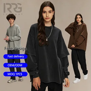 Roregal Streetwear Style 345G Cotton Round Neck Men'S T-Shirt Vintage Washed False Two Piece Long Sleeve T-shirt