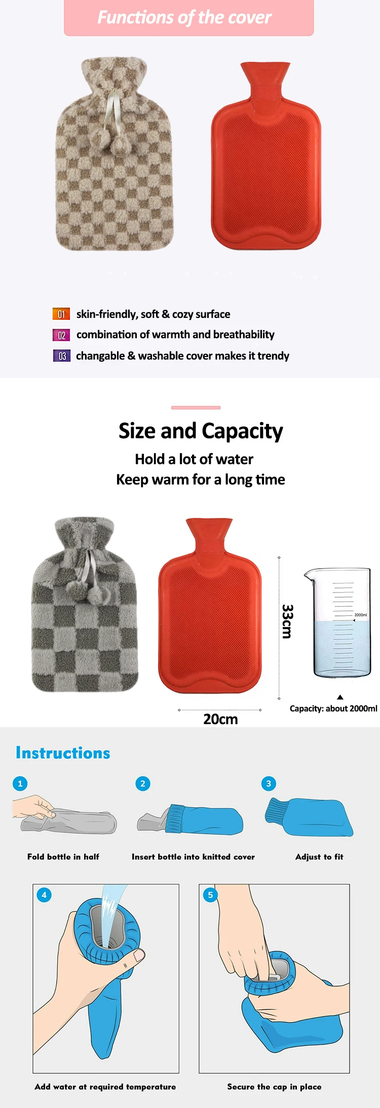 hot sale hot water bottle bag with fluffy cover reusable rubber hot compress water bag 500ml 1000ml 2000ml