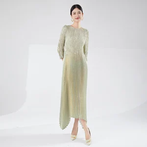 Miyake Pleated Women's Fashion Midi Dress Summer Loose Elegant Stretch Solid Color Irregular Design Dress