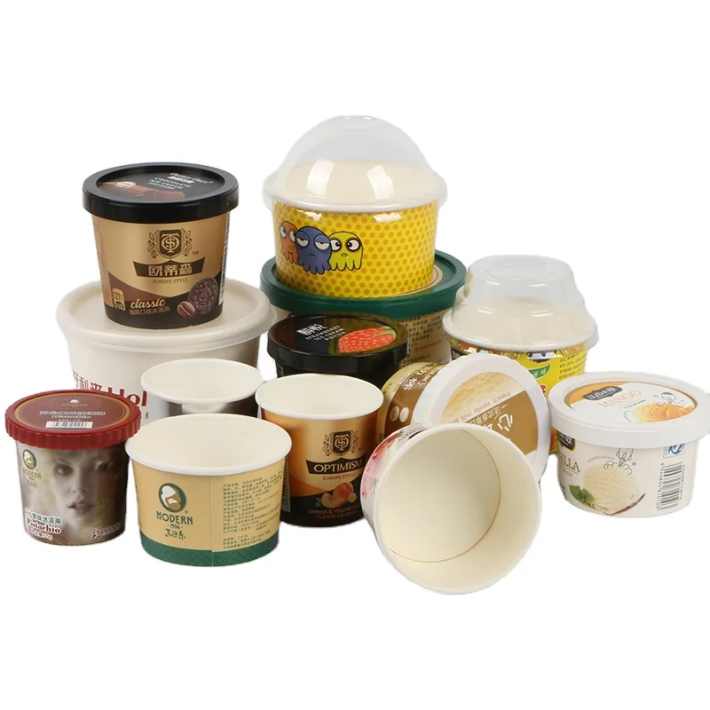 Customized Disposable Ice Cream Container Ice Cream Cup Tubs with Lid Paper Craft Paper Food Single Wall Paper Cup Customer Logo