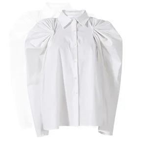 Women's Lapel Top Spring Raglan Sleeve Single Breasted Puff Sleeve Pleated Outline Solid Shirt