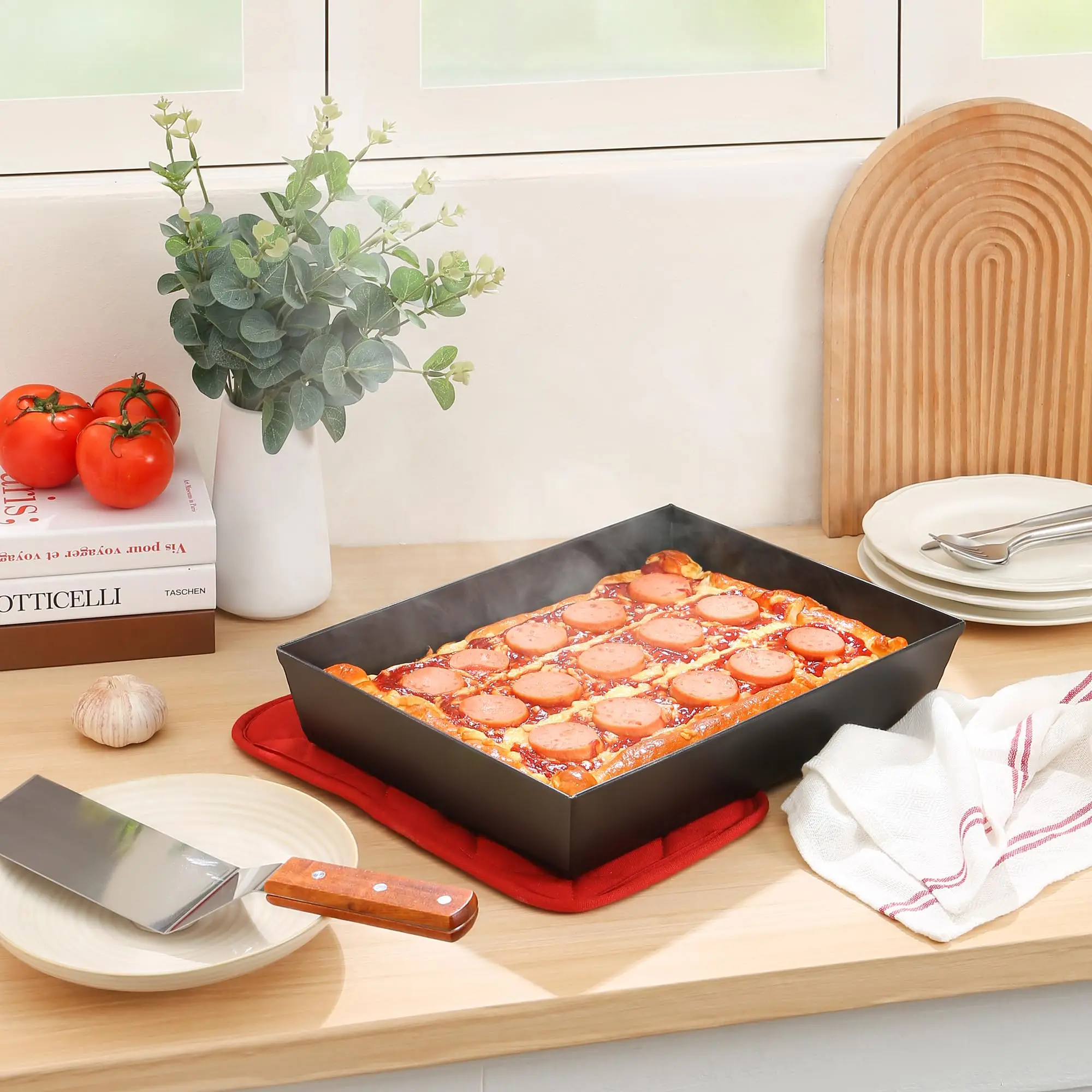 Black Hard Rectangular Deep Dish Pre Seasoned Bakeware Kitchenware Detroit Style Carbon Steel Non Stick Pizza Pan