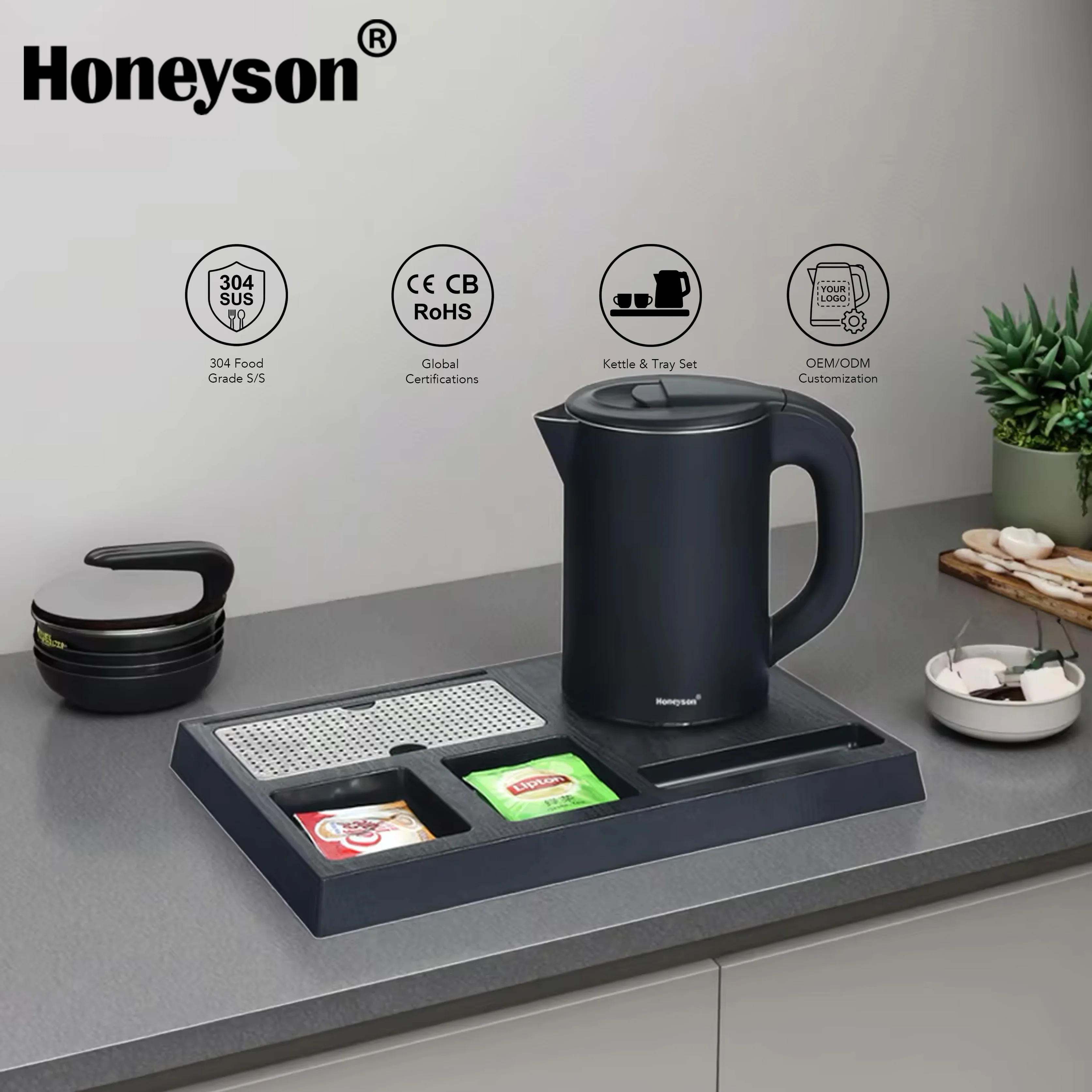 Honeyson 0.8L I-H1268 Electric Cordless Stainless Steel Water Heater Portable for Household Hotel Guest Room Use Tray Set