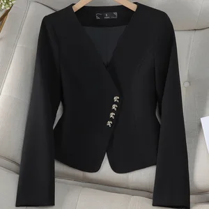 Elegant Blazer for Women Long Sleeve Shirt Spring Autumn Waist-Cinching Slimming Top Women's Suit Short Collarless