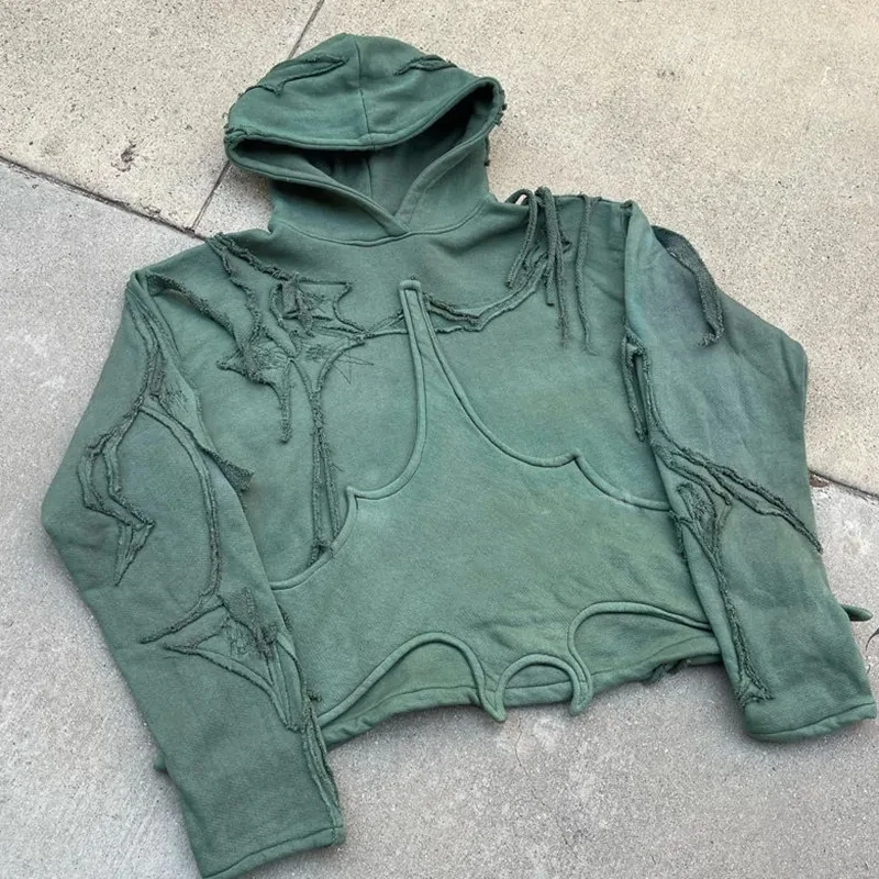 Salati Latest Design Heavyweight 500GSM Cut and Sew Embroidery Distressed Patch Hip Hop Stone Acid Washed Hoodie Manufacturer gallery 3