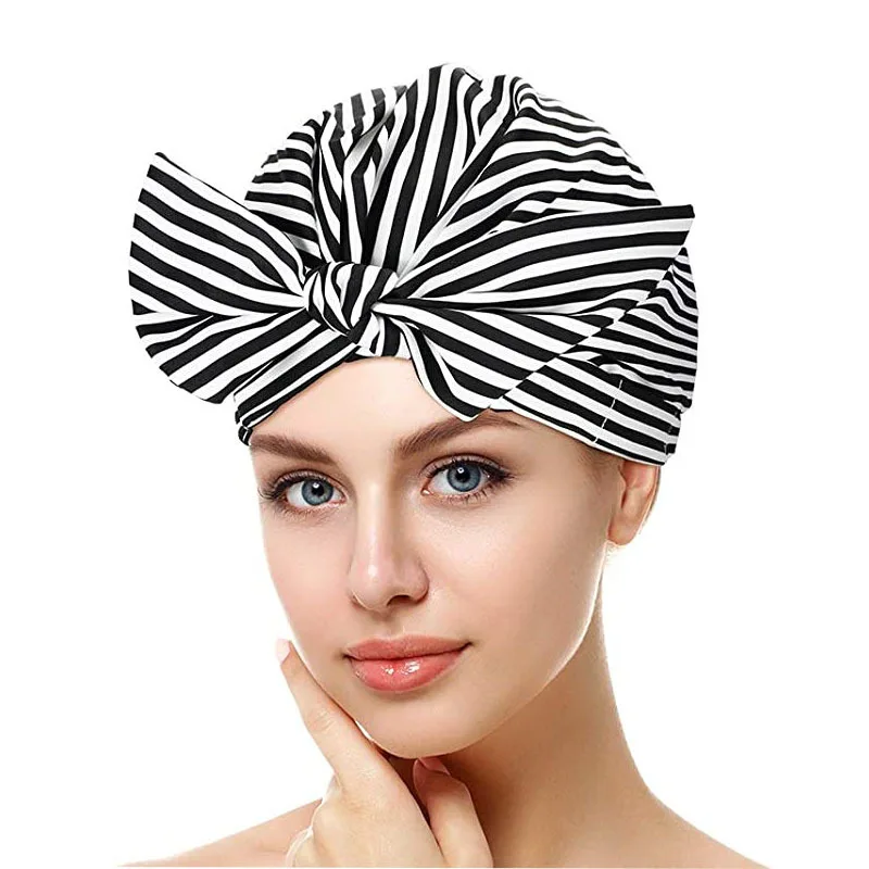 Fashionable Waterproof Women Shower Cap with Adjustable Bow Straps for Home Beauty Salon Skin Care Bathing Hair Cover